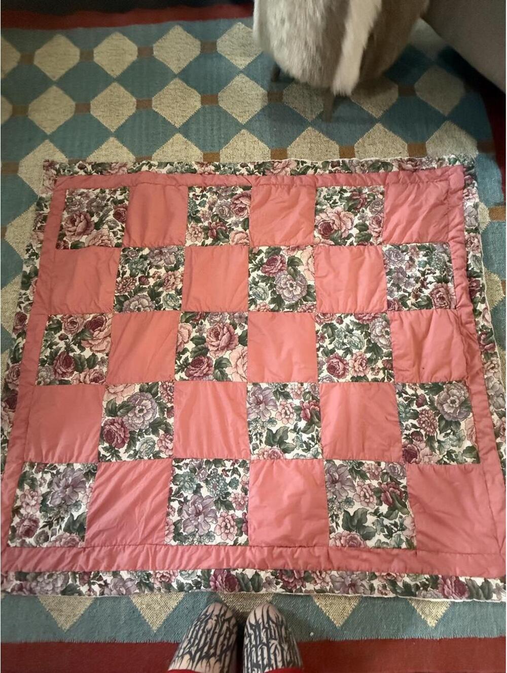 Handmade Pink lap floral patchwork square quilt 61 x 61